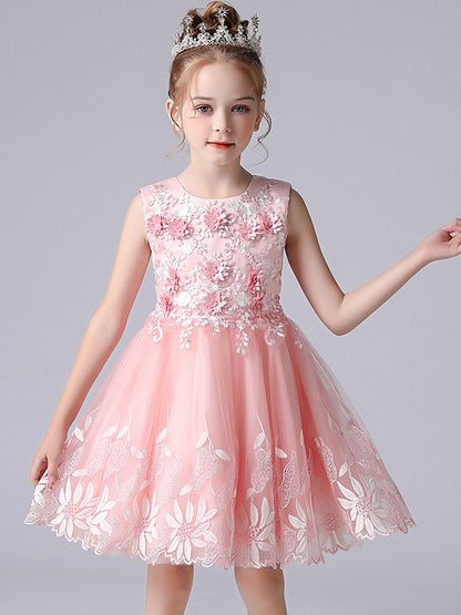 Champagne Color Jewel Neck Sleeveless Short Princess Lace Flowers Formal Kids Pageant flower girl dresses-showprettydress