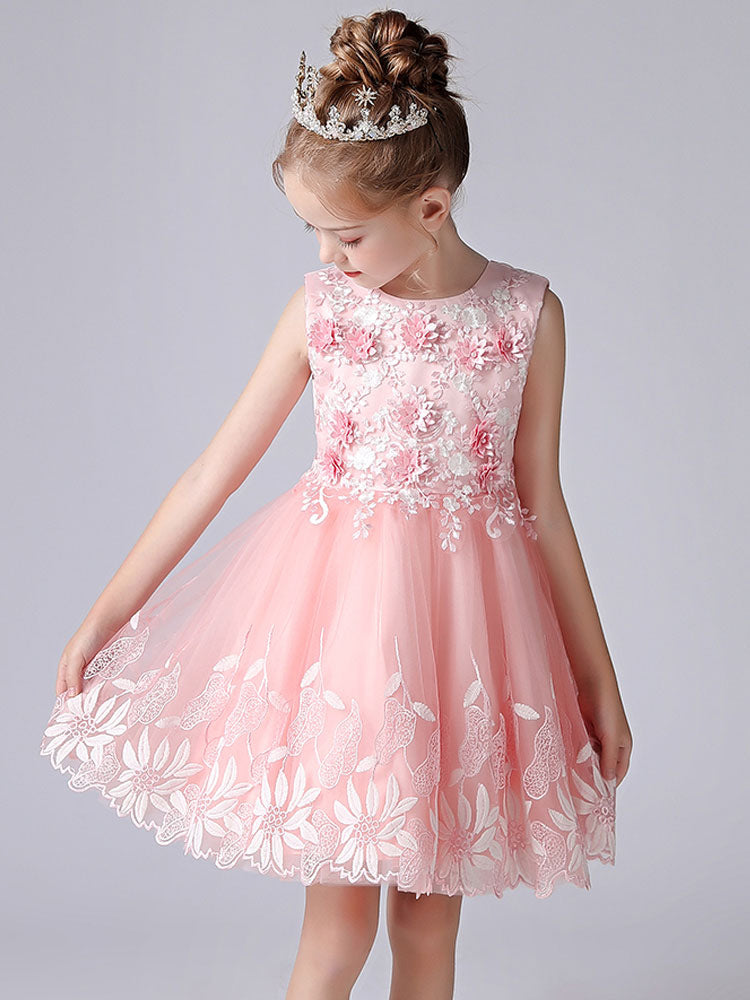 Champagne Color Jewel Neck Sleeveless Short Princess Lace Flowers Formal Kids Pageant flower girl dresses-showprettydress