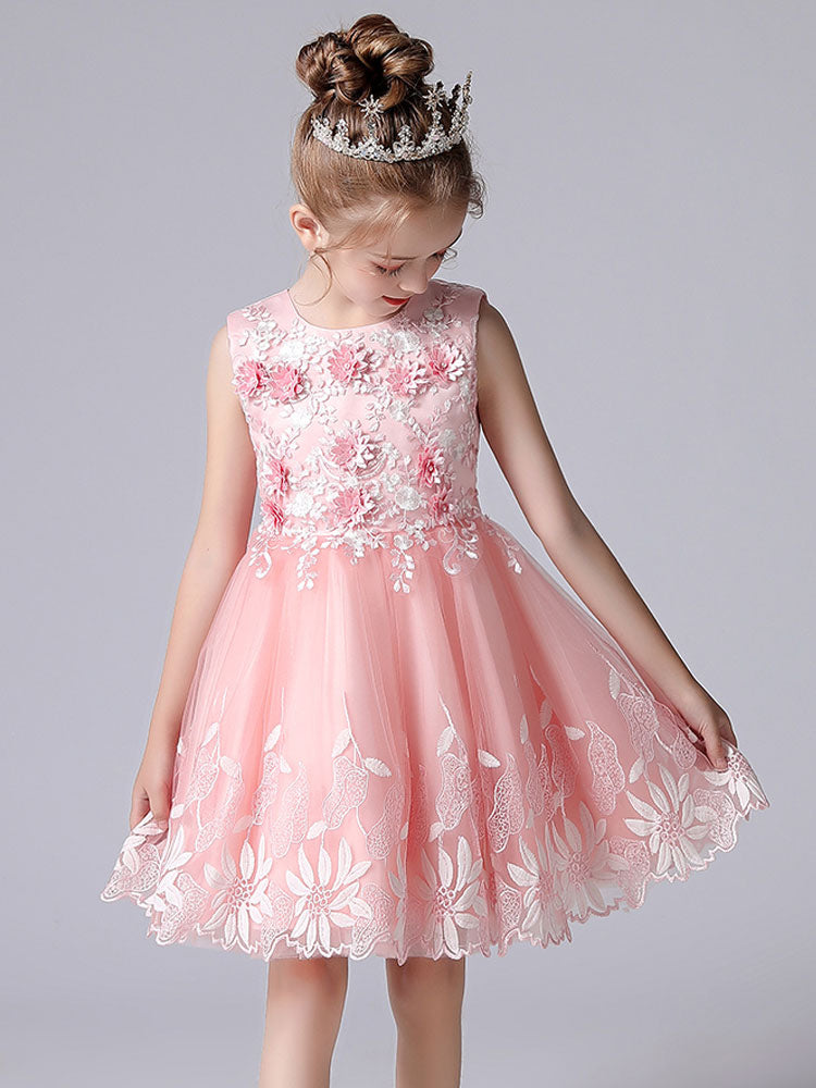 Champagne Color Jewel Neck Sleeveless Short Princess Lace Flowers Formal Kids Pageant flower girl dresses-showprettydress