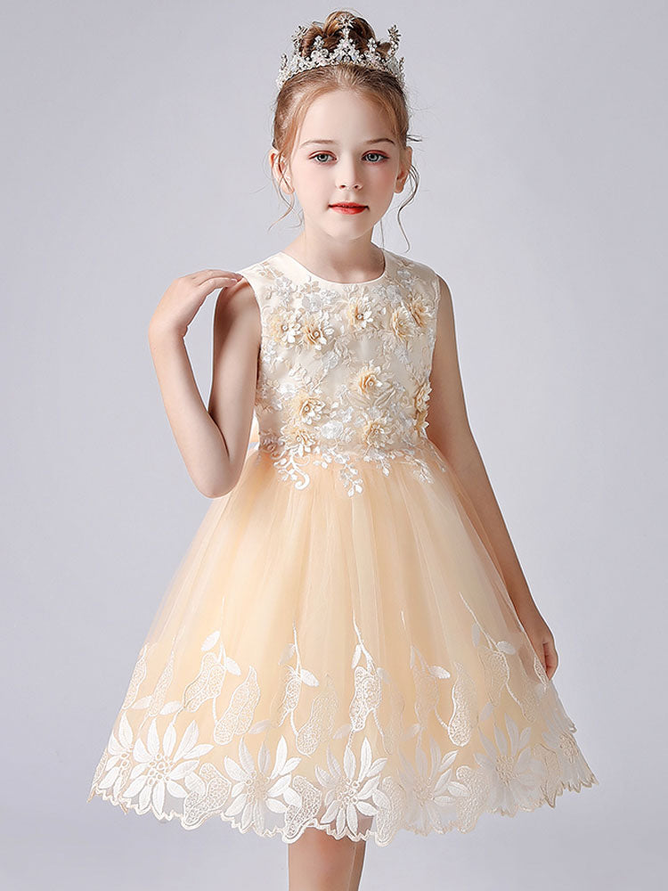 Champagne Color Jewel Neck Sleeveless Short Princess Lace Flowers Formal Kids Pageant flower girl dresses-showprettydress