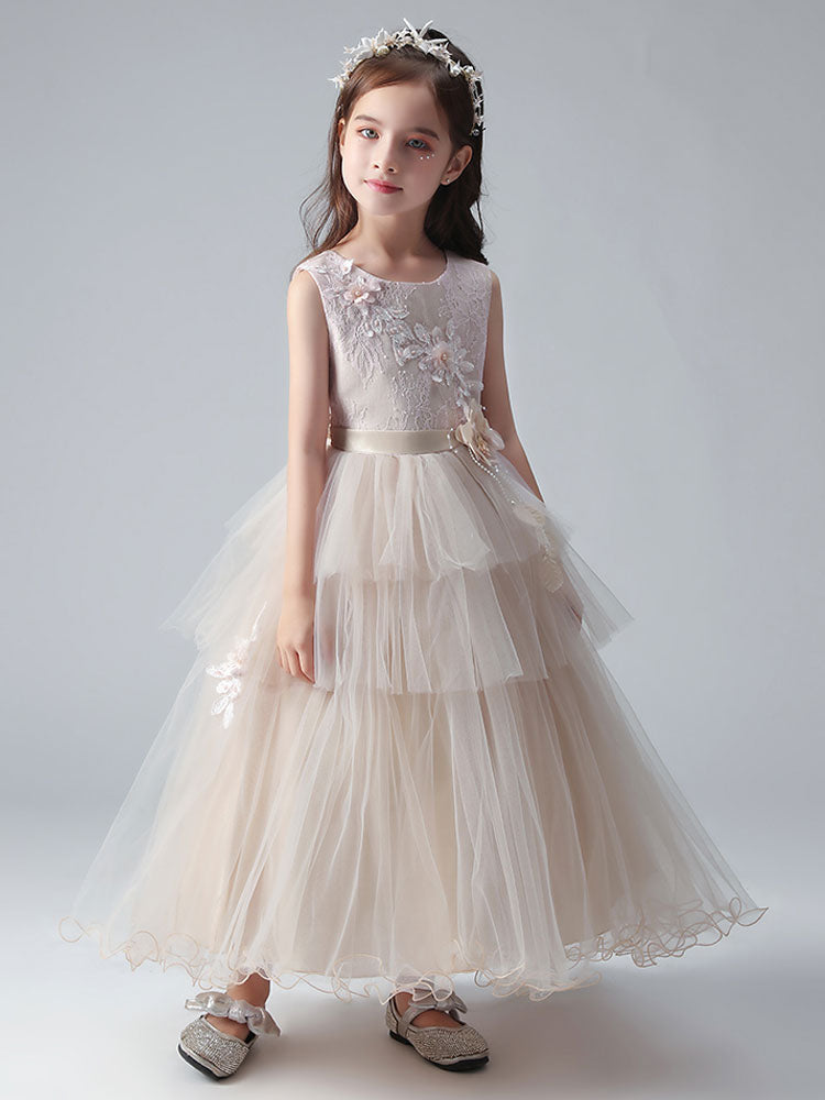 Champagne Color Jewel Neck Tulle Sleeveless Ankle-Length Princess Dress Formal Kids Pageant flower girl dresses-showprettydress