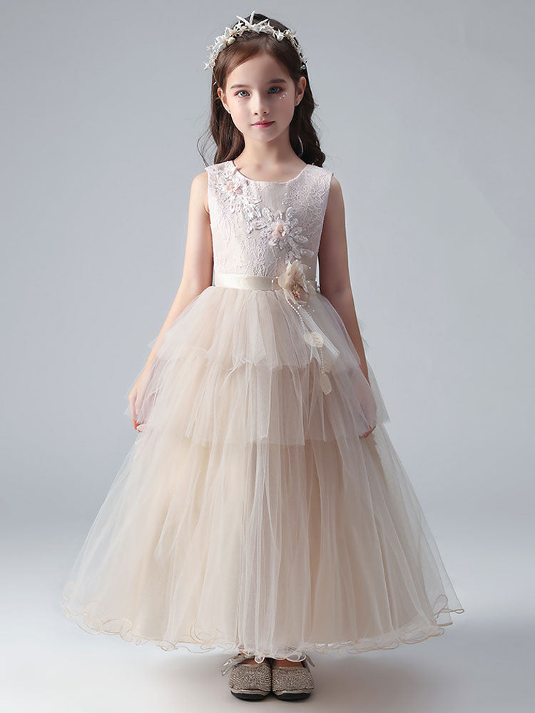 Champagne Color Jewel Neck Tulle Sleeveless Ankle-Length Princess Dress Formal Kids Pageant flower girl dresses-showprettydress