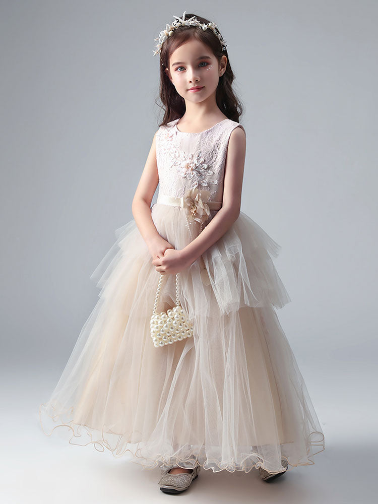 Champagne Color Jewel Neck Tulle Sleeveless Ankle-Length Princess Dress Formal Kids Pageant flower girl dresses-showprettydress