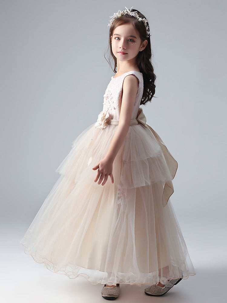 Champagne Color Jewel Neck Tulle Sleeveless Ankle-Length Princess Dress Formal Kids Pageant flower girl dresses-showprettydress