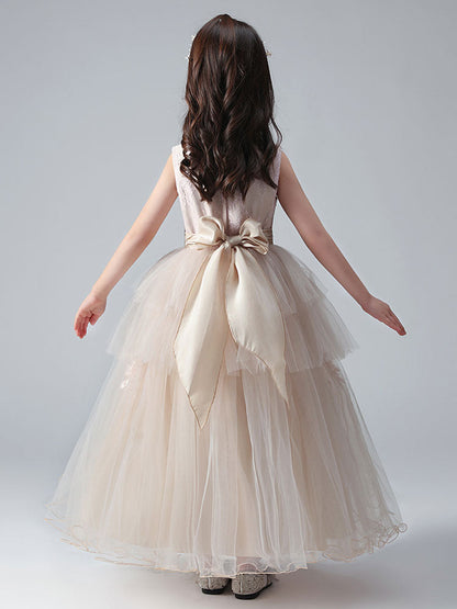 Champagne Color Jewel Neck Tulle Sleeveless Ankle-Length Princess Dress Formal Kids Pageant flower girl dresses-showprettydress