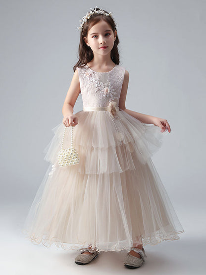 Champagne Color Jewel Neck Tulle Sleeveless Ankle-Length Princess Dress Formal Kids Pageant flower girl dresses-showprettydress