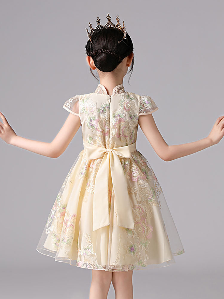 Champagne Designed Neckline Short Sleeves Bows Short Kids Party Dresses-showprettydress