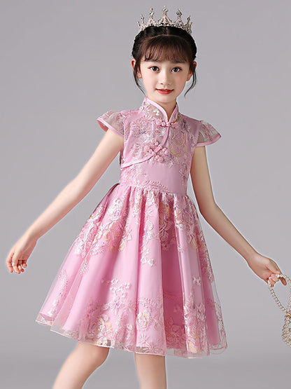 Champagne Designed Neckline Short Sleeves Bows Short Kids Party Dresses-showprettydress