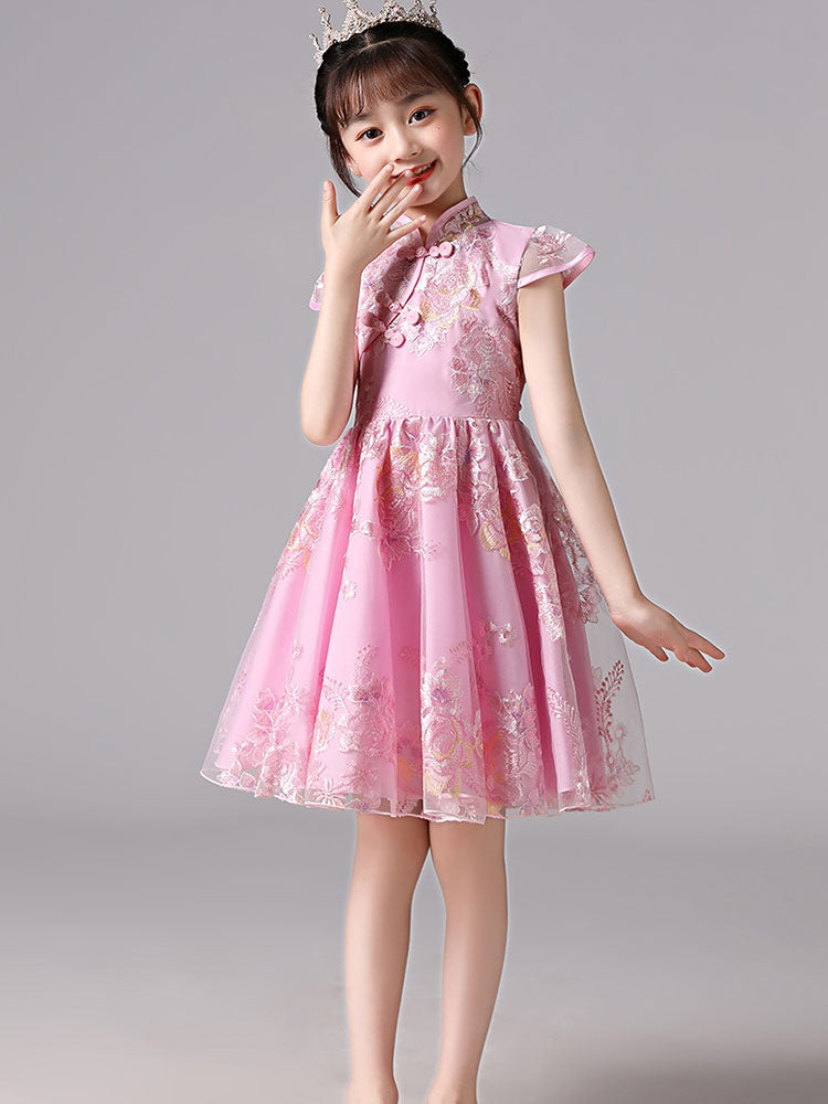 Champagne Designed Neckline Short Sleeves Bows Short Kids Party Dresses-showprettydress