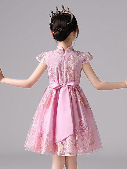 Champagne Designed Neckline Short Sleeves Bows Short Kids Party Dresses-showprettydress