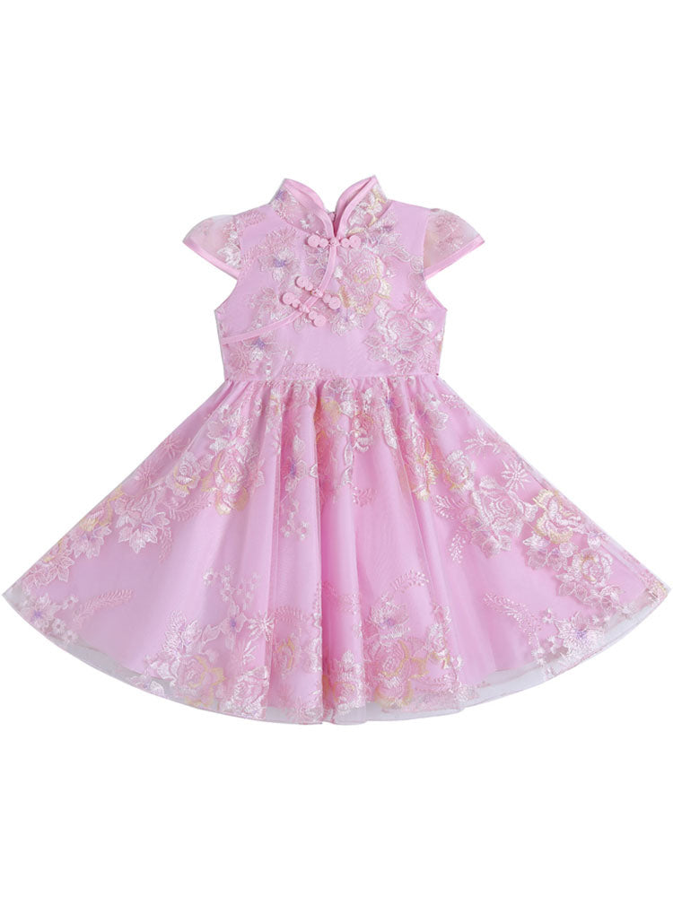 Champagne Designed Neckline Short Sleeves Bows Short Kids Party Dresses-showprettydress