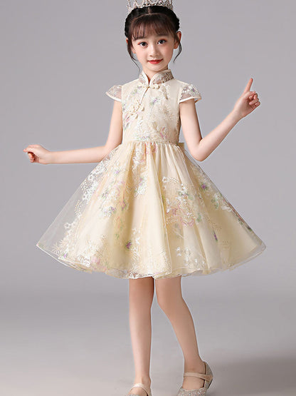 Champagne Designed Neckline Short Sleeves Bows Short Kids Party Dresses-showprettydress