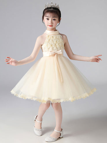 Champagne Designed Neckline Sleeveless Polyester Cotton Tulle Embroidered Formal Kids Pageant flower girl dresses-showprettydress