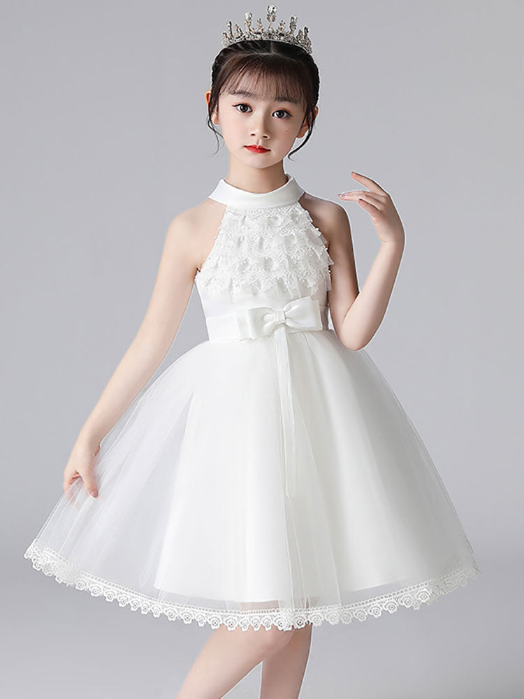 Champagne Designed Neckline Sleeveless Polyester Cotton Tulle Embroidered Formal Kids Pageant flower girl dresses-showprettydress