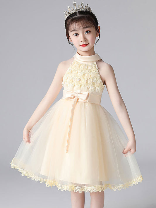 Champagne Designed Neckline Sleeveless Polyester Cotton Tulle Embroidered Formal Kids Pageant flower girl dresses-showprettydress