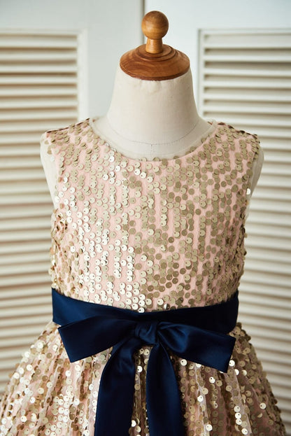 Champagne Gold Sequin Wedding Flower Girl Dress with Navy 