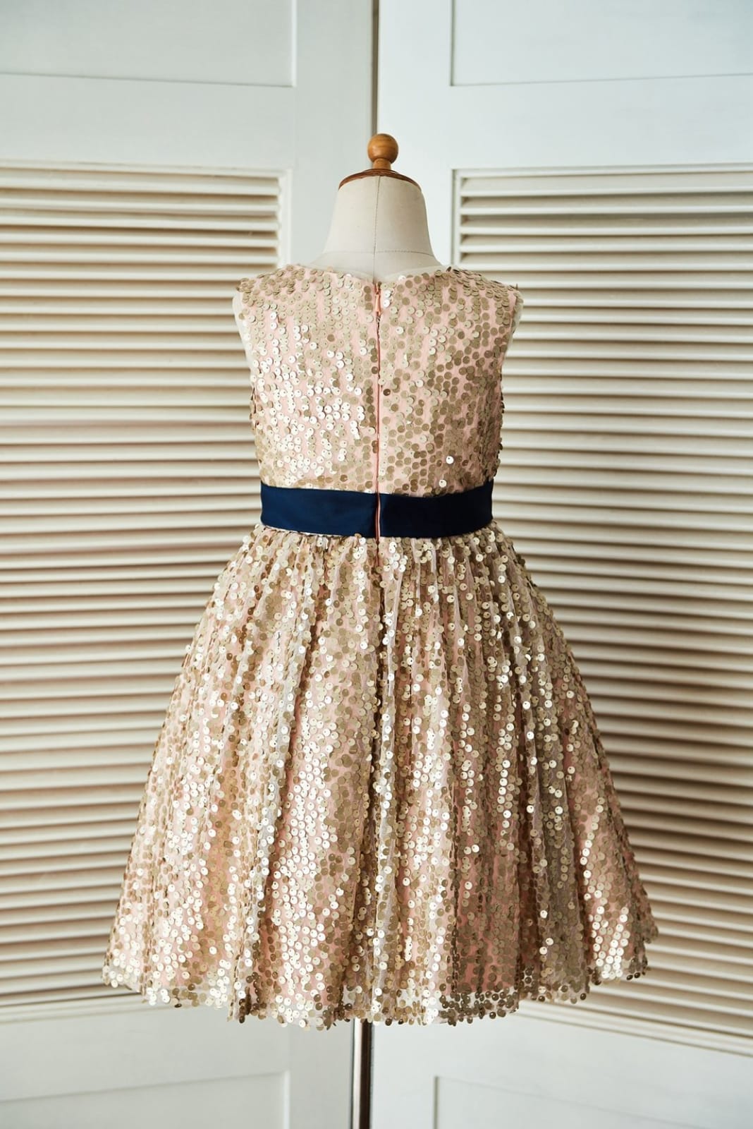 Champagne Gold Sequin Wedding Flower Girl Dress with Navy 