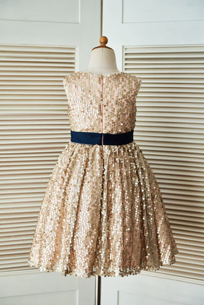 Champagne Gold Sequin Wedding Flower Girl Dress with Navy 