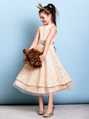 Champagne Golden Jewel Neck Sleeveless A-line Lace Kids Party Dresses-showprettydress