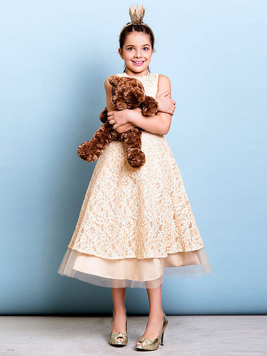 Champagne Golden Jewel Neck Sleeveless A-line Lace Kids Party Dresses-showprettydress