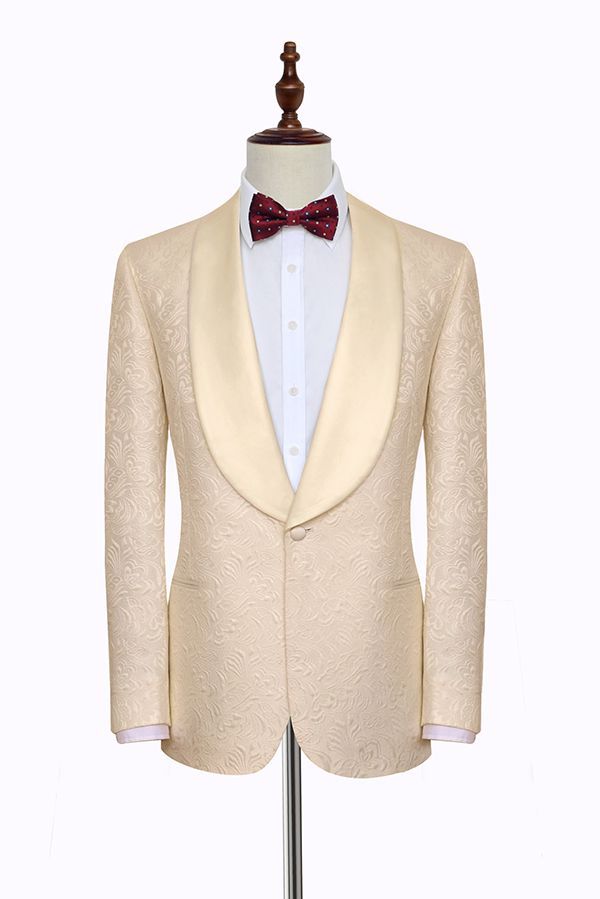 Champagne Jacquard Wedding Tuxedos for Groom Silk Shawl Lapel Marriage Suits-showprettydress