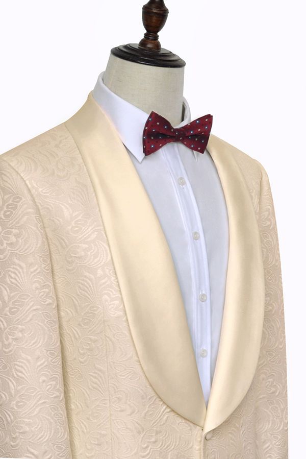 Champagne Jacquard Wedding Tuxedos for Groom Silk Shawl Lapel Marriage Suits-showprettydress