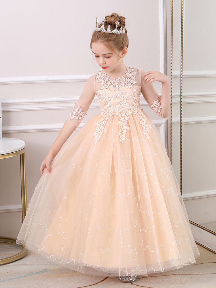 Champagne Jewel Neck Polyester Half Sleeves Ankle-Length A-Line Flowers Kids Party Dresses-showprettydress