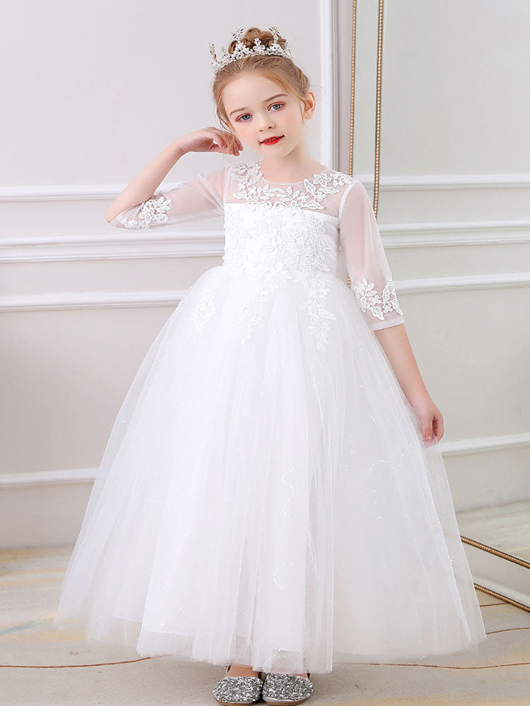 Champagne Jewel Neck Polyester Half Sleeves Ankle-Length A-Line Flowers Kids Party Dresses-showprettydress