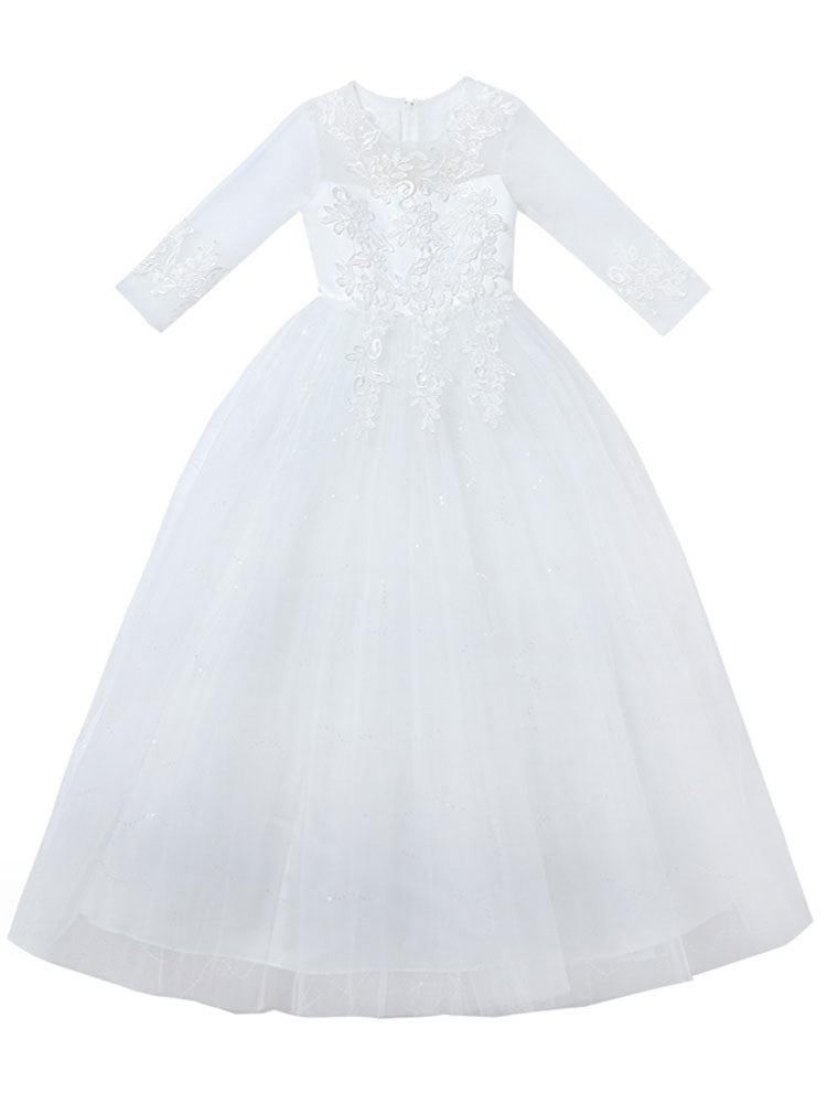 Champagne Jewel Neck Polyester Half Sleeves Ankle-Length A-Line Flowers Kids Party Dresses-showprettydress