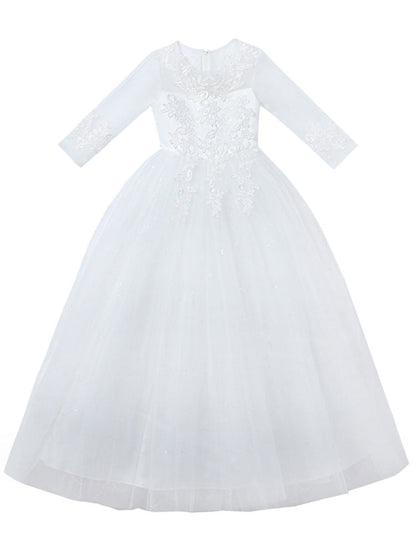 Champagne Jewel Neck Polyester Half Sleeves Ankle-Length A-Line Flowers Kids Party Dresses-showprettydress