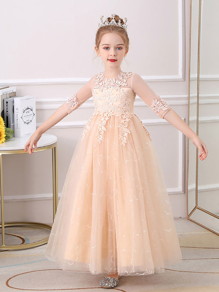 Champagne Jewel Neck Polyester Half Sleeves Ankle-Length A-Line Flowers Kids Party Dresses-showprettydress