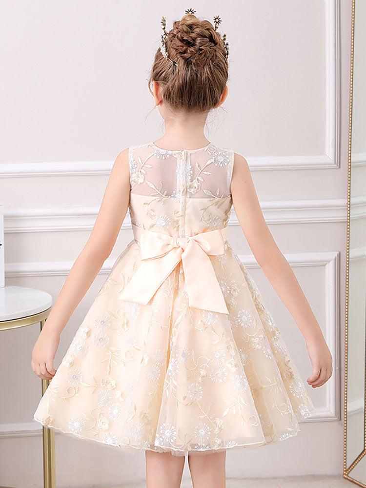 Champagne Jewel Neck Short Sleeves Embroidered Formal Kids Pageant flower girl dresses-showprettydress