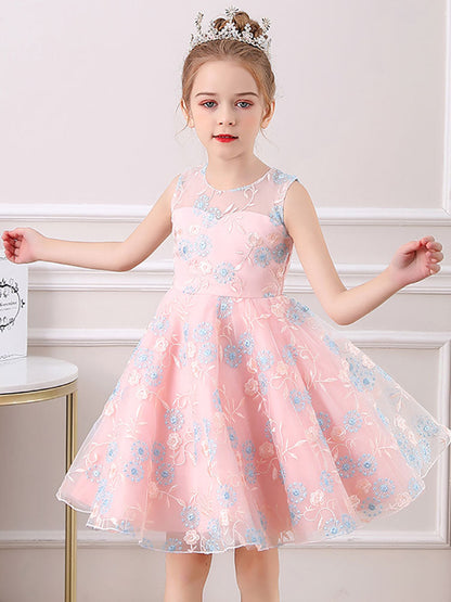 Champagne Jewel Neck Short Sleeves Embroidered Formal Kids Pageant flower girl dresses-showprettydress