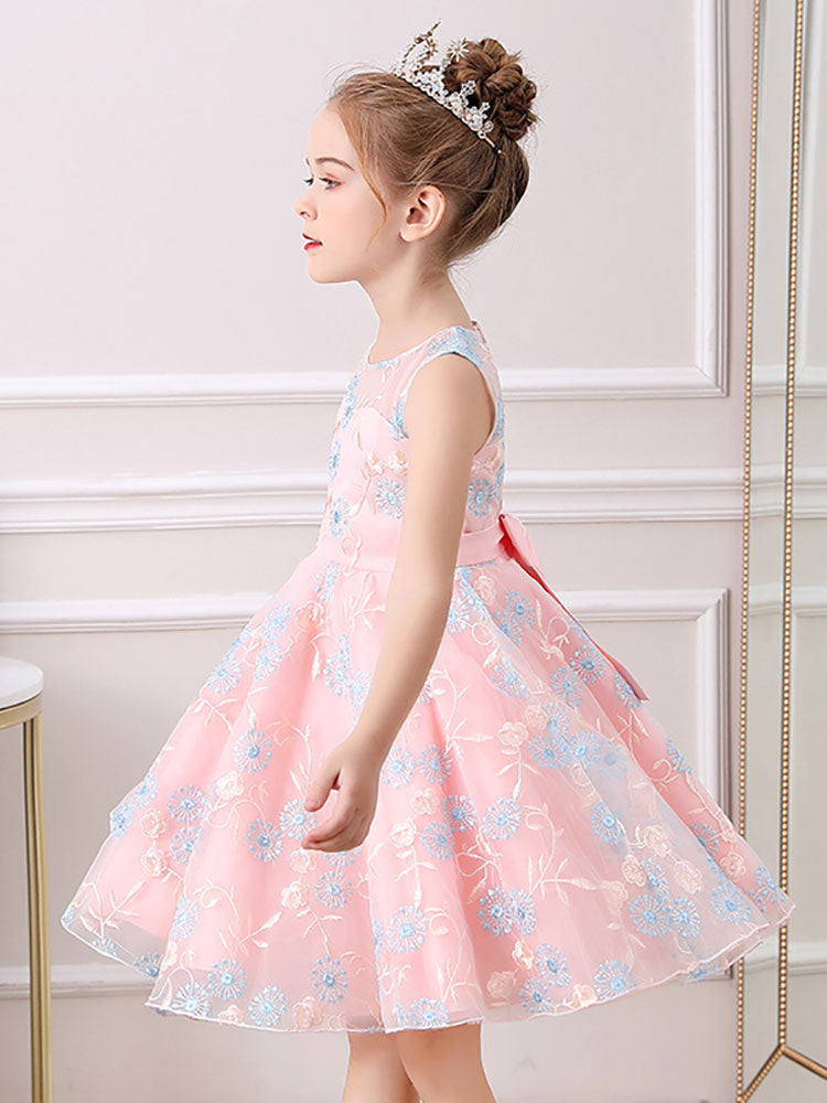 Champagne Jewel Neck Short Sleeves Embroidered Formal Kids Pageant flower girl dresses-showprettydress