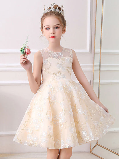 Champagne Jewel Neck Short Sleeves Embroidered Formal Kids Pageant flower girl dresses-showprettydress