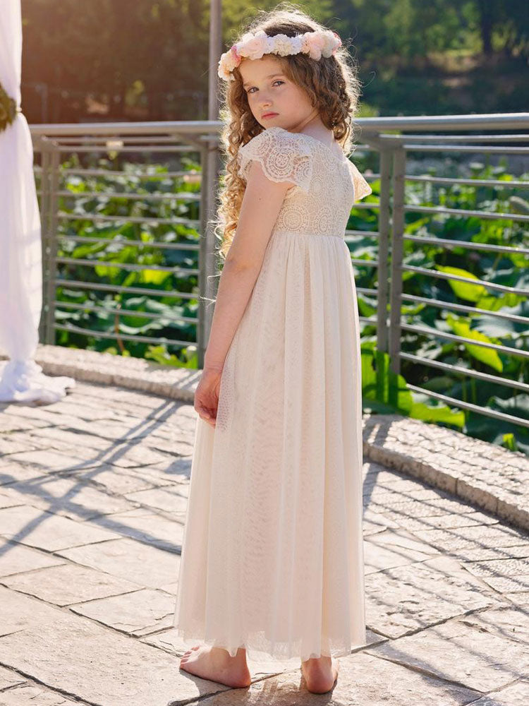 Champagne Jewel Neck Short Sleeves Lace Formal Kids Pageant flower girl dresses-showprettydress