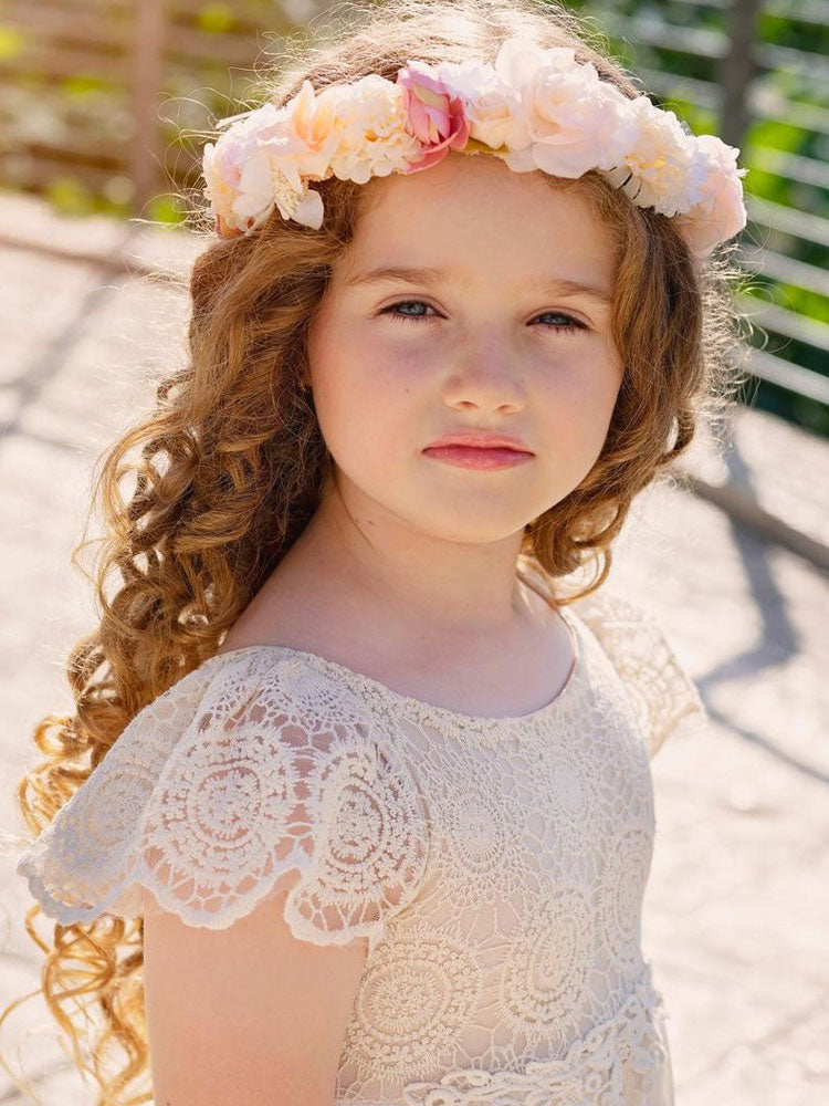 Champagne Jewel Neck Short Sleeves Lace Formal Kids Pageant flower girl dresses-showprettydress