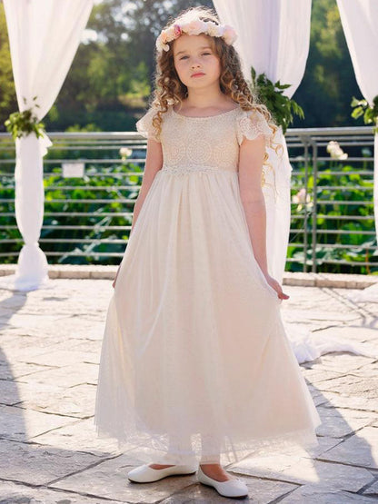 Champagne Jewel Neck Short Sleeves Lace Formal Kids Pageant flower girl dresses-showprettydress