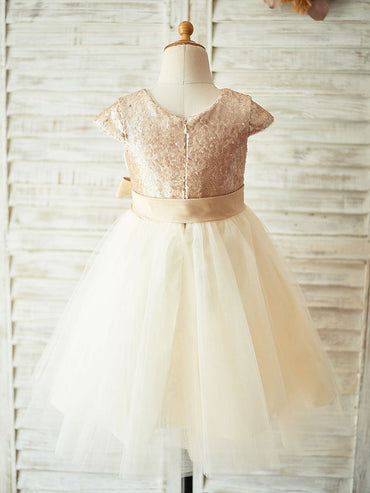 Champagne Jewel Neck Short Sleeves Sash Kids Party Dresses-showprettydress