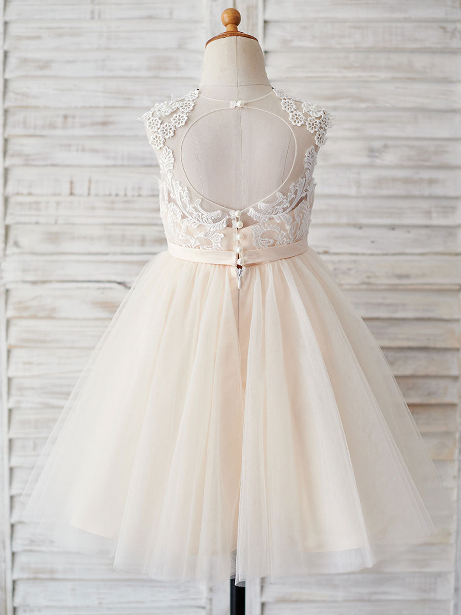 Champagne Jewel Neck Sleeveless Pearls Kids Party Dresses-showprettydress