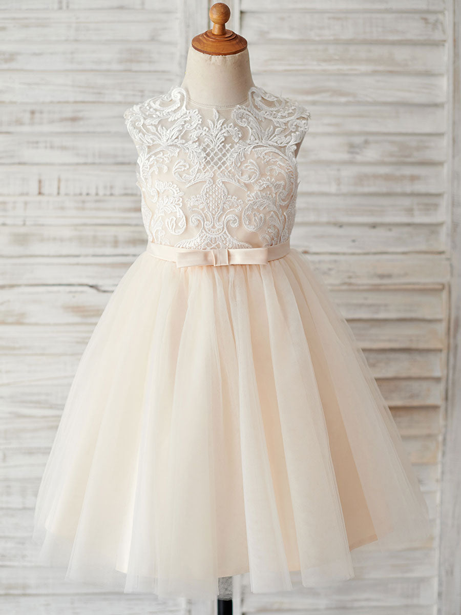 Champagne Jewel Neck Sleeveless Pearls Kids Party Dresses-showprettydress