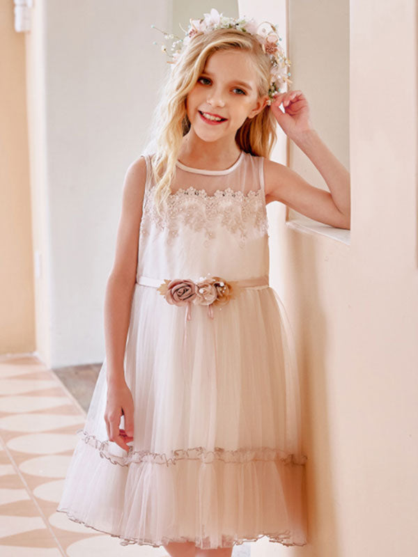 Champagne Jewel Neck Sleeveless Polyester Lace Tulle Flowers Kids Social Party Dresses-showprettydress