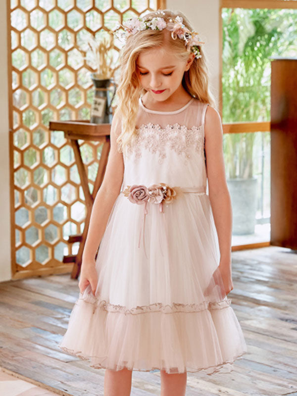 Champagne Jewel Neck Sleeveless Polyester Lace Tulle Flowers Kids Social Party Dresses-showprettydress