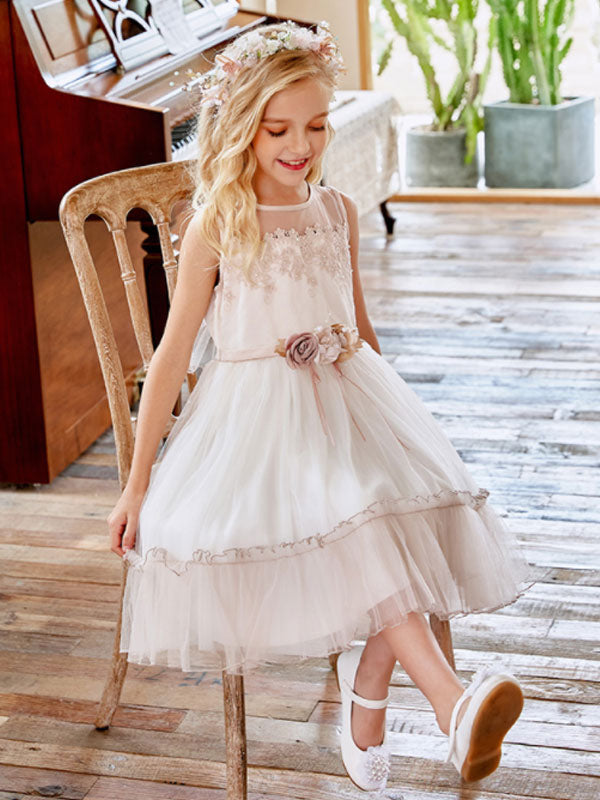 Champagne Jewel Neck Sleeveless Polyester Lace Tulle Flowers Kids Social Party Dresses-showprettydress