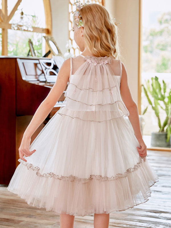 Champagne Jewel Neck Sleeveless Polyester Lace Tulle Flowers Kids Social Party Dresses-showprettydress