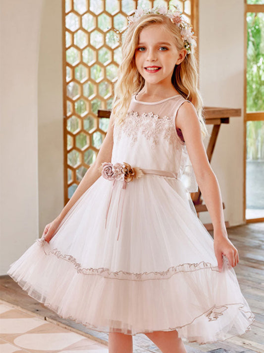 Champagne Jewel Neck Sleeveless Polyester Lace Tulle Flowers Kids Social Party Dresses-showprettydress