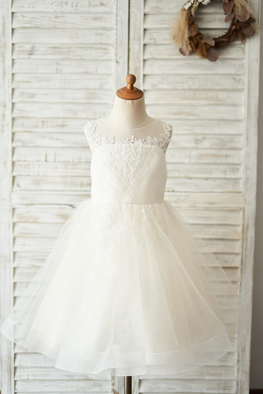 Champagne Lace Tulle Keyhole Back Wedding Flower Girl Dress