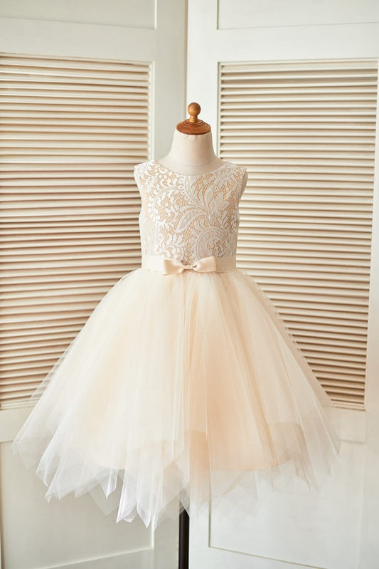 Champagne Lace Tulle Wedding Flower Girl Dress with Uneven 