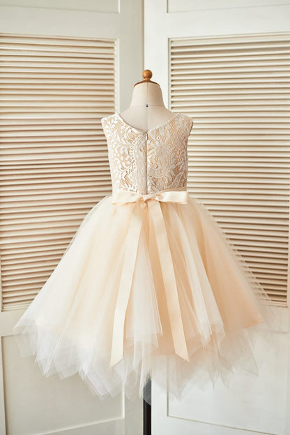 Champagne Lace Tulle Wedding Flower Girl Dress with Uneven 