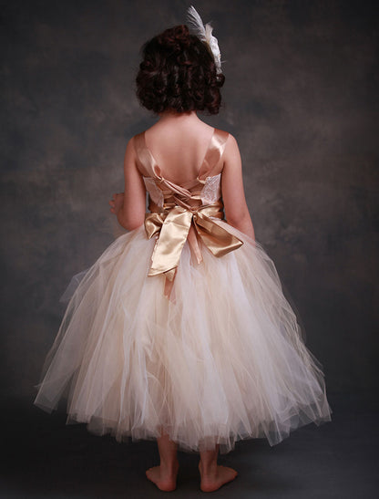 Champagne Princess Lace Straps Flower Sash Tulle Tea Length Toddler'S Tutu Dress-showprettydress